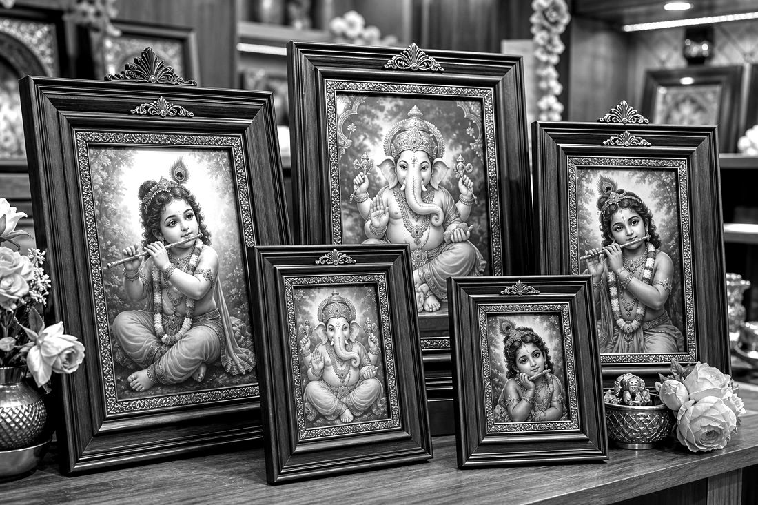 Photo frames with Hindu idol art at Monalisa NXT Emporium